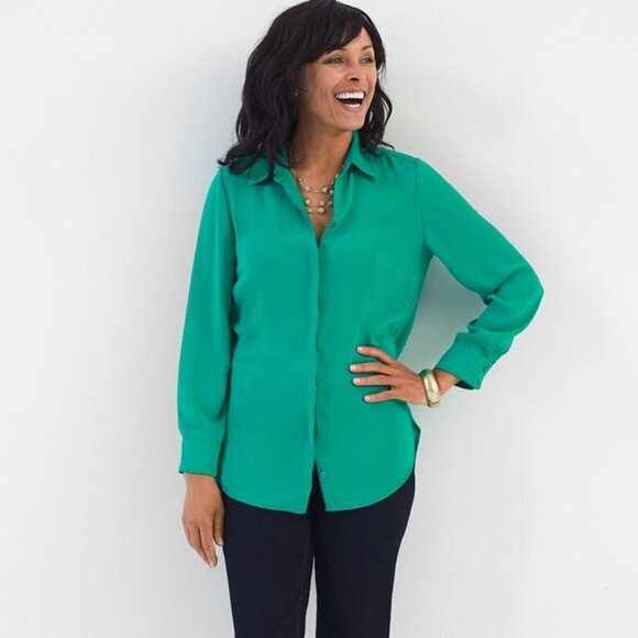 Chico's women's 1 (M) lace up side tunic button down blouse bright teal EUC - Picture 1 of 9